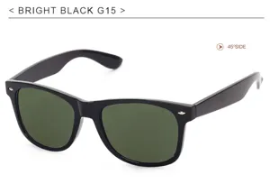 Classic black frame sunglasses with dark green lenses, retro 45 degree side view fashion eyewear.