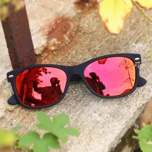 Retro polarized sunglasses with red reflective lenses and black frames for driving.