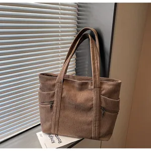 Braune Cord-Tragetasche für Damen, Retro-Stil große Kapazität Schultertasche Herbst Winter.