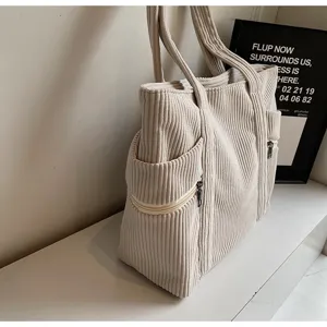 Beige Kordgewebe Schultertasche Shopper Tasche mit Reißverschlusstaschen für Damen Alltag