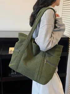 Vintage Gestreifter Samt Tote Bag Für Damen Große Kapazität Lässige Schultertasche Vielseitige Kord Tasche Täglich Pendeln