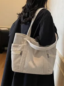 Beigefarbene Cord Shopper Tasche für Damen, große Schultertasche, Alltag Handtasche.