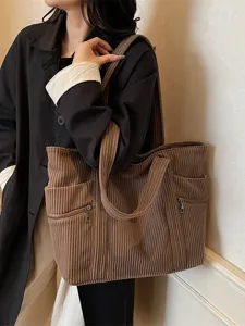 Braune Kord Shopper Tasche für Damen, große Schultertasche, lässige modische Handtasche.