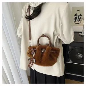 Stylish women brown plush bucket bag soft furry crossbody shoulder bag for autumn winter