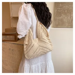 Handcrafted hollow crochet shoulder tote bag, stylish beach vacation women crossbody bag.