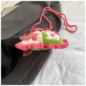 Borsa a tracolla lavorata a maglia con fiori, borsa a spalla colorata carina da donna stile chic.
