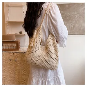 Retro handmade woven hollow hobo shoulder bag casual beach vacation women straw tote bag