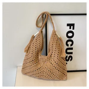 Handmade crochet woven hobo shoulder bag and stylish casual beach tote bag for women.