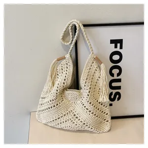Handmade Woven Hollow Shoulder Tote Bag Beach Vintage Casual Crossbody Bag for Women