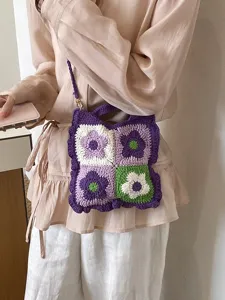 Graziosa borsa a tracolla quadrata in maglia floreale colorblock da donna stile fresco