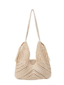 Handcrafted Woven Hollow Crochet Women Shoulder Tote Bag for Beach Vacation