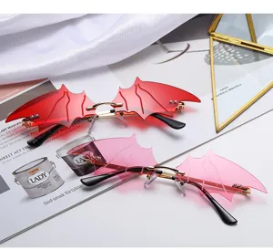 Bat wing sunglasses rimless novelty gothic eyewear red pink punk fashion sun glasses cool