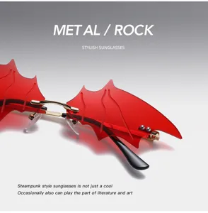Steampunk bat wing sunglasses, red rimless punk rock eyewear with metal bridge for men and women.