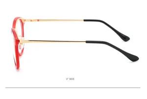Red semi-metal optical glasses frame side detail view showing slim gold temples and tips.