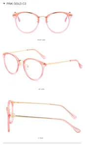 Pink and gold semi-metal optical glasses frame, trendy cat-eye transparent TR90 prescription eyewear.