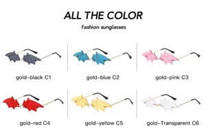 Bat wing rimless sunglasses detail showcasing multiple vibrant colors for women and men.