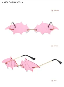 Fashion vampire bat wing rimless sunglasses with pink lenses and gold frames for women and men
