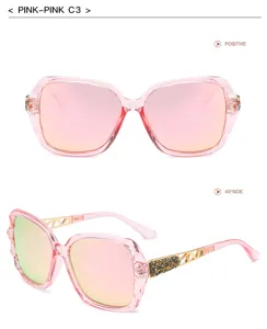 Lunettes de soleil polarisées oversize tendance pour femme avec verres roses et strass.