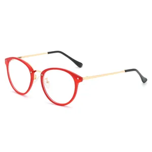 Stylish red round optical glasses frame with thin gold metal temples for daily wear.