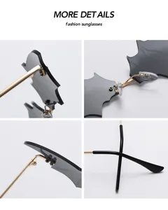 Close-up details of gothic bat-shaped rimless sunglasses with metal hinges and dark lenses.