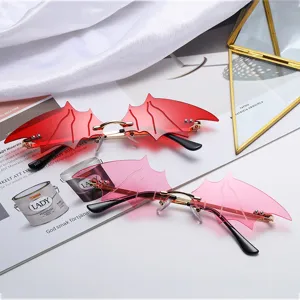 Gothic Punk Bat Wing Rimless Sunglasses For Women Men Vampire Shaped Metal Frame Sun Glasses Trendy Eyewear