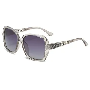 Lunettes de Soleil Polarisées pour Femmes Mode Métal PC Monture Carrée Strass Bord Coupé Élégant UV400