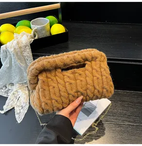 Vintage bruine grove gebreide clutch tas met ketting voor dames avond party mode.