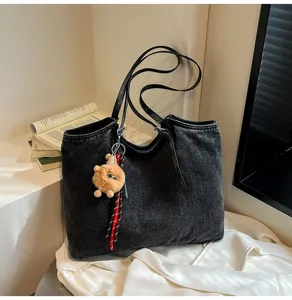 Vintage Casual Γυναικεία Τσάντα Tote Denim Μεγάλης Χωρητικότητας με Μικρό Αρκουδάκι