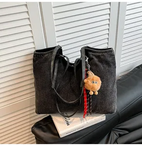 Vintage φθαρμένη τσάντα tote denim για γυναίκες, μεγάλη τσάντα ώμου για ταξίδια.