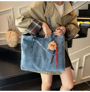 Vintage τσάντα shopper από τζιν ύφασμα για γυναίκες, μεγάλη χωρητικότητα casual τσάντα ώμου.