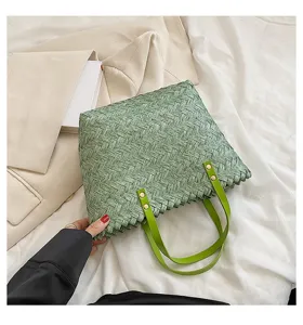 Green Woven Tote Bag Women Casual Straw Shoulder Bag Fashion Handbag Daily Shopping Bag