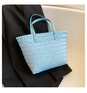 Detail view of light blue woven tote bag featuring double shoulder handles and chic metal rivets.