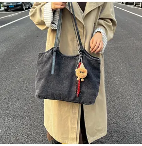 Vintage τσάντα shopper από πλυμένο denim για γυναίκες, μεγάλη casual τσάντα ταξιδιού.