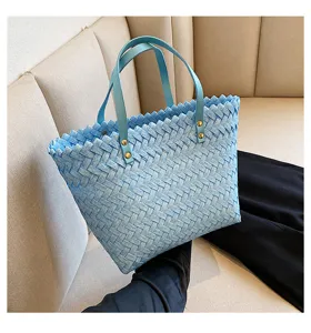 Light blue woven tote bag for women stylish casual shoulder handbag casual daily beach use summer