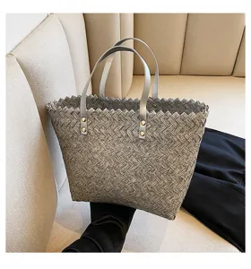 Woven shoulder tote bag for women, stylish casual shopping handbag with double handles.