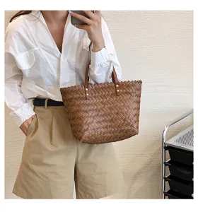 Stylish brown woven tote bag for women, perfect for daily casual wear and shopping needs.