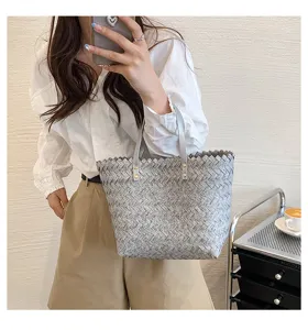 Grey woven shoulder tote bag, casual daily handbag for women, elegant fashion style accessory.