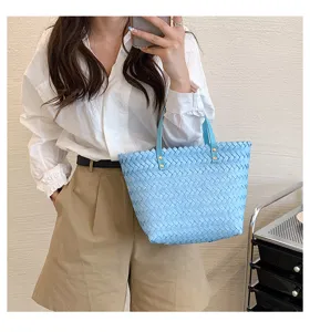 Detailed view of light blue woven leather tote bag, perfect for spring and summer daily wear.