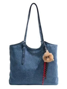 Vintage τσάντα shopper από τζιν για γυναίκες, μεγάλη casual τσάντα ώμου με βελούδινο μενταγιόν.
