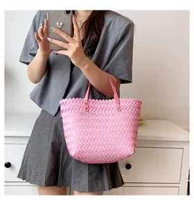 Pink woven tote bag for women stylish shoulder bag casual daily shopper fashion handbag