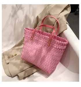 Stylish pink woven tote bag for women chic summer shoulder shopping daily use handbag