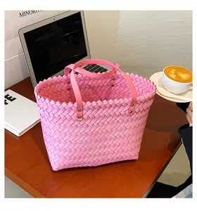 Pink woven shoulder bag stylish tote bag for women casual daily handbag with leather handles