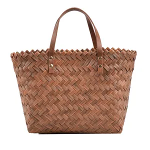 Brown woven tote bag with faux leather handles, stylish casual handbag for women spring daily use.