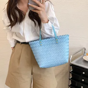 Stylish light blue woven tote bag for women, chic shoulder bag for daily casual matching use.