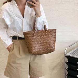 Brown Woven Tote Bag Women's Casual Handbag PU Leather Shoulder Bag Daily Commute Shopper