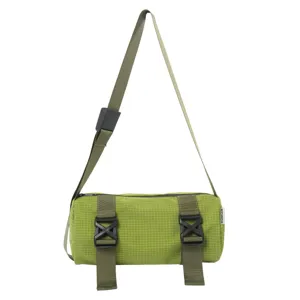 Casual grid cylinder crossbody bag olive green unisex shoulder bag for travel sports daily use