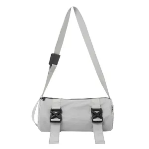 Grey grid cylindrical crossbody bag with black buckles, casual sports travel shoulder bag.