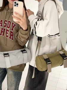 Unisex Casual Plaid Nylon Cylinder Shoulder Crossbody Bag Fashion Versatile Sports Travel Daily Commute Bag