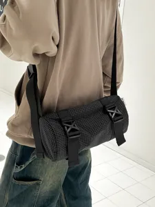 Casual grid cylinder crossbody bag for daily travel, unisex minimalist shoulder bag.