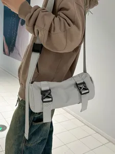 Casual grid cylinder crossbody bag for daily travel and sports, versatile neutral design.